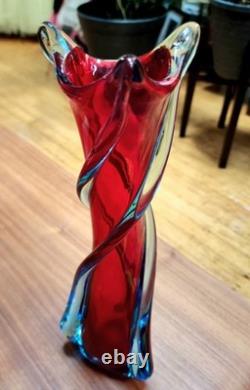 Vintage Murano Red and Blue Hand Blown & Twisted Glass Vase