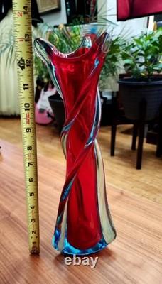 Vintage Murano Red and Blue Hand Blown & Twisted Glass Vase