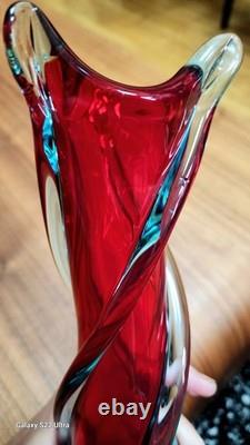 Vintage Murano Red and Blue Hand Blown & Twisted Glass Vase