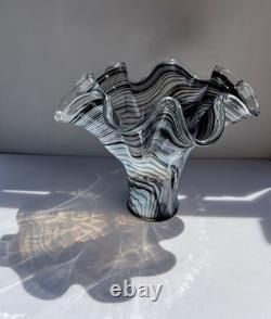 Vintage Murano Ribbon Swirl Art Glass Fazzoletto Vase Black White Italian 13