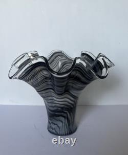 Vintage Murano Ribbon Swirl Art Glass Fazzoletto Vase Black White Italian 13