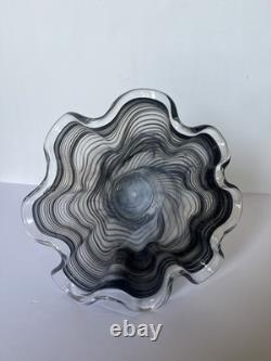 Vintage Murano Ribbon Swirl Art Glass Fazzoletto Vase Black White Italian 13