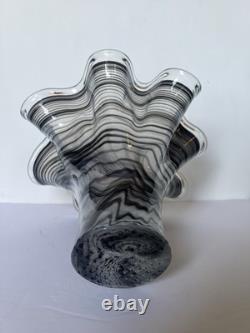 Vintage Murano Ribbon Swirl Art Glass Fazzoletto Vase Black White Italian 13