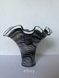 Vintage Murano Ribbon Swirl Art Glass Fazzoletto Vase Black White Italian 13