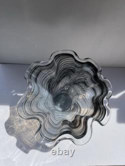 Vintage Murano Ribbon Swirl Art Glass Fazzoletto Vase Black White Italian 13
