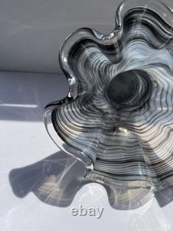 Vintage Murano Ribbon Swirl Art Glass Fazzoletto Vase Black White Italian 13