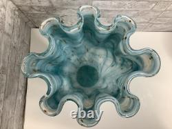 Vintage Murano Ruffle Top Light Blue & Gold Glass Vase 16 H X 11W X 11.5D HTF