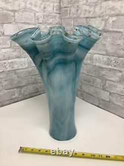 Vintage Murano Ruffle Top Light Blue & Gold Glass Vase 16 H X 11W X 11.5D HTF