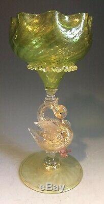 Vintage Murano Salviati or Barovier Iridescent Gold Green Goblet with Swan