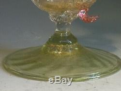 Vintage Murano Salviati or Barovier Iridescent Gold Green Goblet with Swan