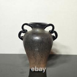 Vintage Murano Scavo Art Glass Vase Black 4 Handle Amphora