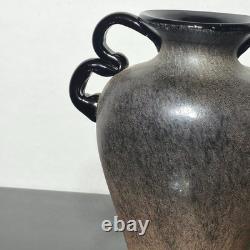 Vintage Murano Scavo Art Glass Vase Black 4 Handle Amphora