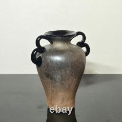 Vintage Murano Scavo Art Glass Vase Black 4 Handle Amphora