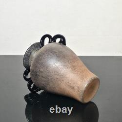 Vintage Murano Scavo Art Glass Vase Black 4 Handle Amphora