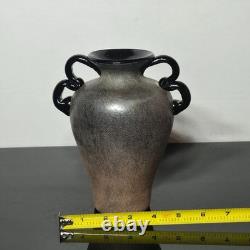 Vintage Murano Scavo Art Glass Vase Black 4 Handle Amphora