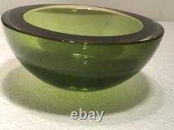 Vintage Murano Sommerso Amber And Green Art Glass Flat Cut Rim Bowl Flavio Poli