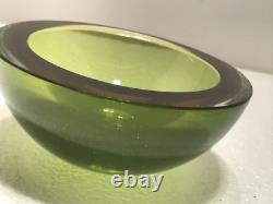 Vintage Murano Sommerso Amber And Green Art Glass Flat Cut Rim Bowl Flavio Poli