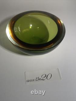Vintage Murano Sommerso Amber And Green Art Glass Flat Cut Rim Bowl Flavio Poli