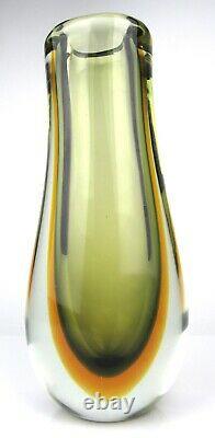 Vintage Murano Sommerso Art Glass Amber Green Teardrop Vase Italy MCM