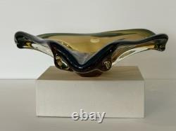 Vintage Murano Sommerso Art Glass Bowl Amber Green Freeform Tri Lobed MCM Italy