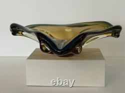 Vintage Murano Sommerso Art Glass Bowl Amber Green Freeform Tri Lobed MCM Italy