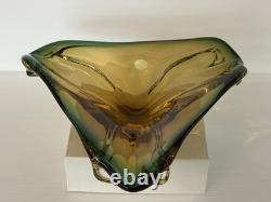 Vintage Murano Sommerso Art Glass Bowl Amber Green Freeform Tri Lobed MCM Italy