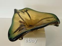 Vintage Murano Sommerso Art Glass Bowl Amber Green Freeform Tri Lobed MCM Italy