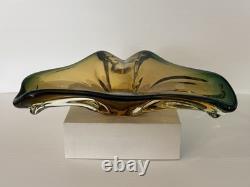 Vintage Murano Sommerso Art Glass Bowl Amber Green Freeform Tri Lobed MCM Italy