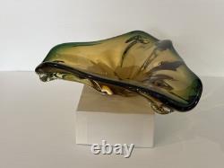 Vintage Murano Sommerso Art Glass Bowl Amber Green Freeform Tri Lobed MCM Italy