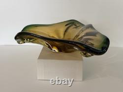 Vintage Murano Sommerso Art Glass Bowl Amber Green Freeform Tri Lobed MCM Italy