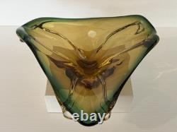 Vintage Murano Sommerso Art Glass Bowl Amber Green Freeform Tri Lobed MCM Italy