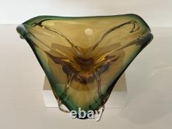 Vintage Murano Sommerso Art Glass Bowl Amber Green Freeform Tri Lobed MCM Italy