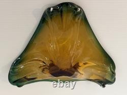 Vintage Murano Sommerso Art Glass Bowl Amber Green Freeform Tri Lobed MCM Italy