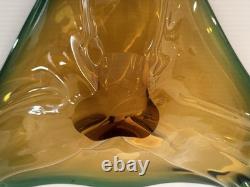 Vintage Murano Sommerso Art Glass Bowl Amber Green Freeform Tri Lobed MCM Italy