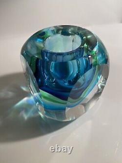 Vintage Murano Sommerso Art Glass Faceted Block Vase Candle Holder