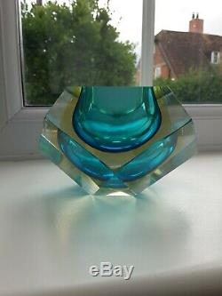 Vintage Murano Sommerso Art Glass Faceted Blue/ambe/Clear Mid-Century Geode bowl