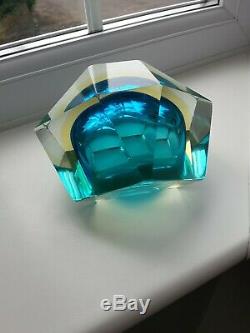 Vintage Murano Sommerso Art Glass Faceted Blue/ambe/Clear Mid-Century Geode bowl