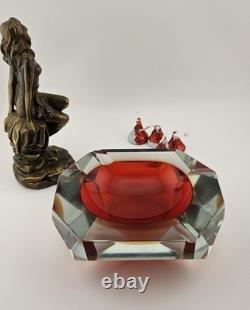 Vintage Murano Sommerso Art Glass Red Faceted 5×4×2 Glowing Beauty Dish Ashtray
