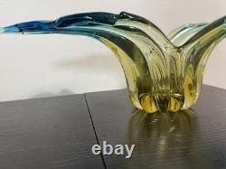 Vintage Murano Sommerso Art Glass Winged Console Bowl Aqua Amber 18