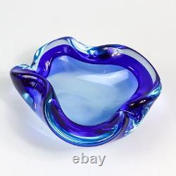 Vintage Murano Sommerso Bowl with Curved Biomorphic Blue Crystal MCM