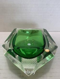 Vintage Murano Sommerso Faceted Art Glass Bowl Green & Green Italy 1960s MCM