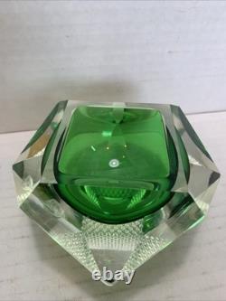 Vintage Murano Sommerso Faceted Art Glass Bowl Green & Green Italy 1960s MCM