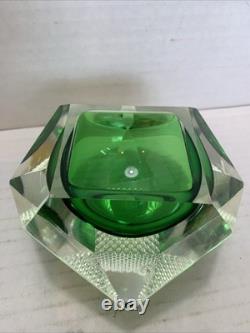 Vintage Murano Sommerso Faceted Art Glass Bowl Green & Green Italy 1960s MCM