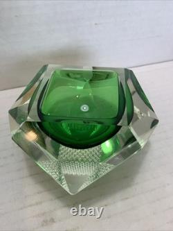 Vintage Murano Sommerso Faceted Art Glass Bowl Green & Green Italy 1960s MCM