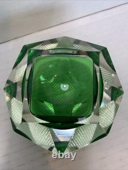 Vintage Murano Sommerso Faceted Art Glass Bowl Green & Green Italy 1960s MCM