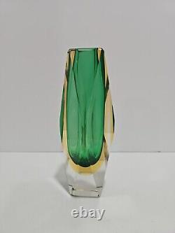 Vintage Murano Sommerso Faceted Art Olive Green Glass Vase 8 Tall