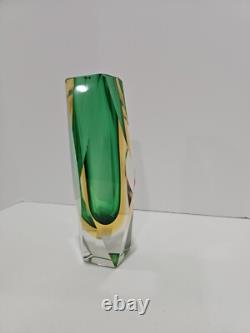Vintage Murano Sommerso Faceted Art Olive Green Glass Vase 8 Tall