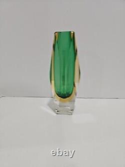 Vintage Murano Sommerso Faceted Art Olive Green Glass Vase 8 Tall