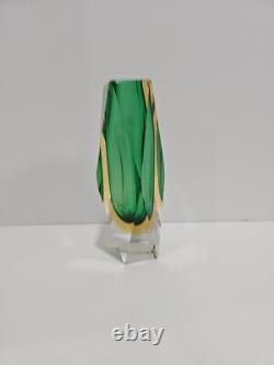 Vintage Murano Sommerso Faceted Art Olive Green Glass Vase 8 Tall