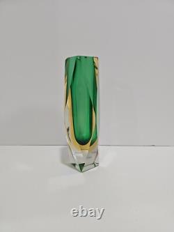 Vintage Murano Sommerso Faceted Art Olive Green Glass Vase 8 Tall